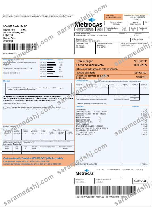 Argentina Metrogas easy to fill business utility bill template in Word and PDF format